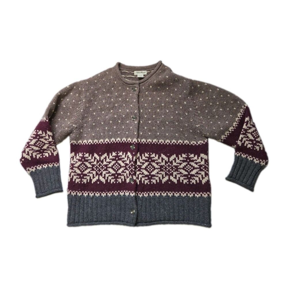 VTG 90s Eddie Bauer Wool Nordic Snowflake Cardigan Sweater Button Up Womens L